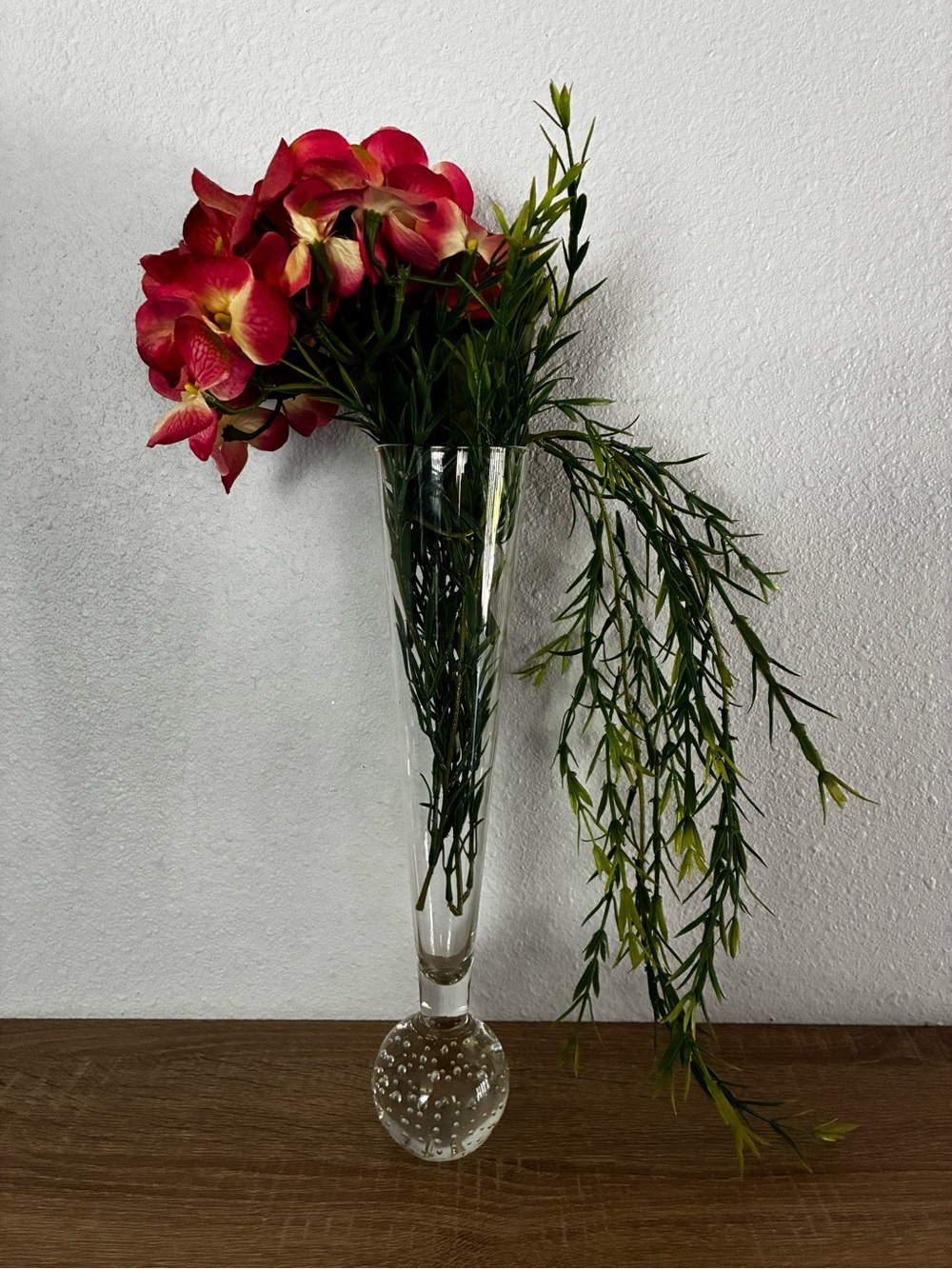 MCM 12” Clear Glass Trumpet Vase Bubble Base Vintage Minimalist